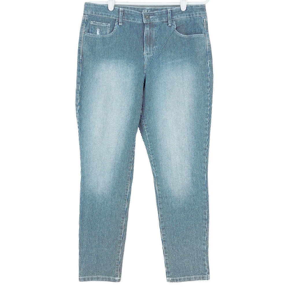 Style & Co Women's Ankle Jeans Size 10 Striped Mid Rise Stretch Blue Distressed